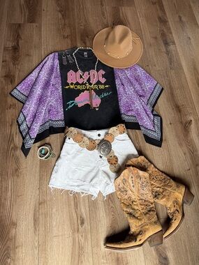 AC/DC Down Under Upcycled Band Tee Boho Gypsy Flowy Sleeves Small/Medium/Large